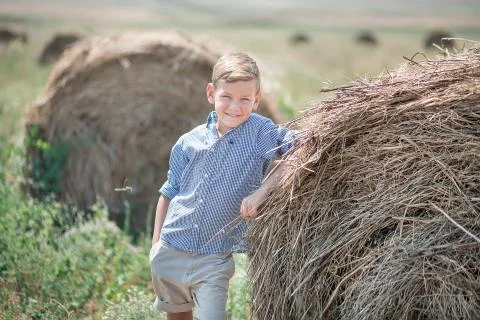 Attractive boy sitting on a haystack and smiling Stock Photos
