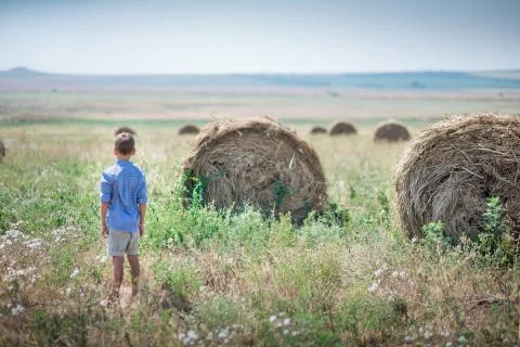 Attractive boy sitting on a haystack and smiling Stock Photos