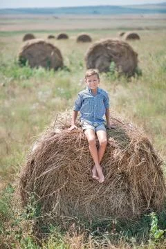 Attractive boy sitting on a haystack and smiling Stock Photos