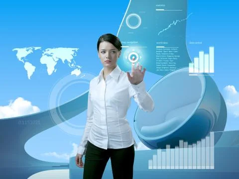 Attractive brunette with interface in future interior Stock-Illustration