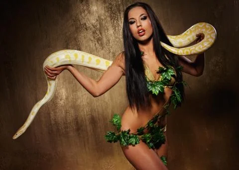 Attractive brunette woman with python Stock Photos