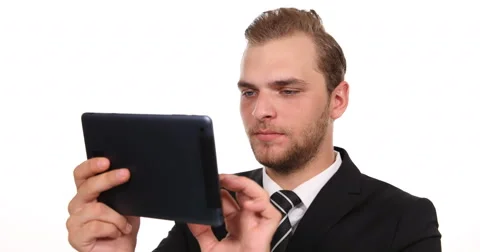 Attractive Businessman Work Digital Tablet and Looking Camera Company Workplace Video stock 67853897