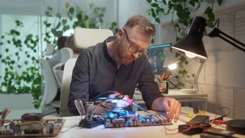 Attractive Caucasian developer soldering microchip or creating electronic Stock Footage 241259267