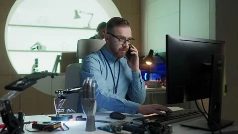 Attractive Caucasian engineer using computers while talking on smartphone with Stock Footage 241234647