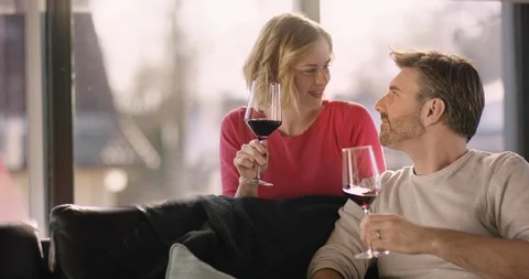 Attractive Couple clink glasses while sitting on Sofa Stock Footage 86489636