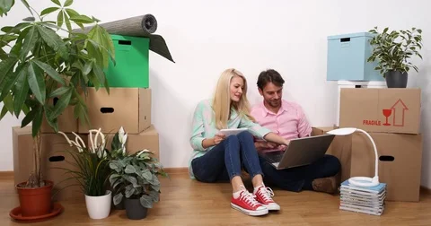 Attractive Couple Interact Using Laptop Digital Tablet Activity Team Living Home Stock Footage 73613659