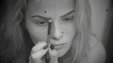 Attractive Female Having Make Up Session, Old Footage Effect, Black And White Stock Footage 99066388
