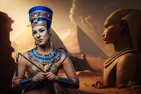 Attractive female pharaoh dressed in luxurious attire in desert Stock Photos