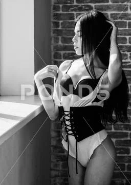 Attractive female sexy lingerie at home. Stunning sexuality. Sexual costume for Stock Photos