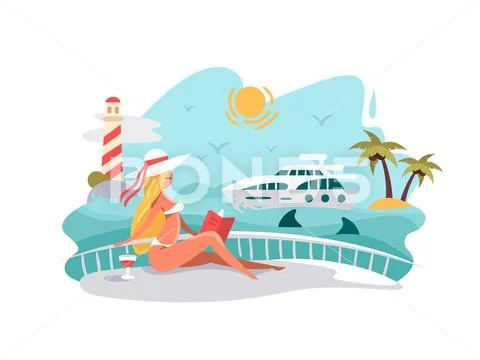 Attractive girl reading book on deck of yacht Stock Illustration