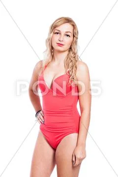 Attractive girl in red swimsuit Stock Photos