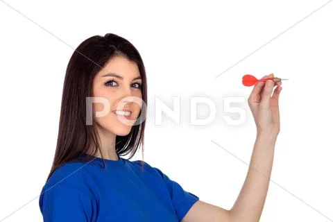 Attractive girl smiling throwing a dart Stock Photos