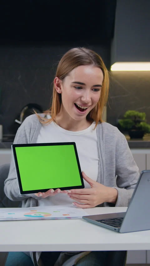 Attractive girl using laptop working have call video conference. woman shows tab Stock Footage 327014861