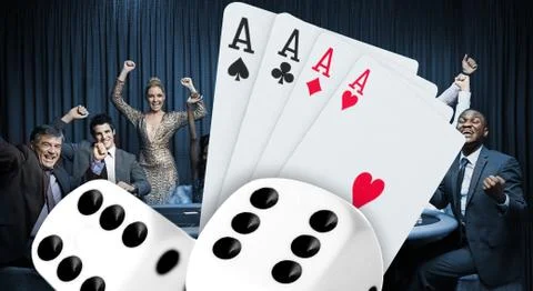 Attractive group cheering at the casino with digital cards and dice Stock Photos