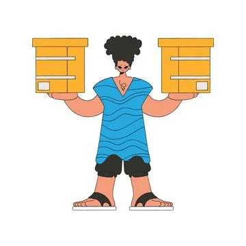 An attractive guy is holding boxes. Understanding the process of parcel and.. Illustrazione stock