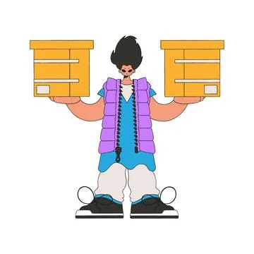 An attractive guy holds boxes in his hands. Parcel and cargo transportation. Illustrazione stock