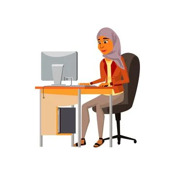 Attractive islamic woman work on computer in office cartoon vector 스톡 일러스트