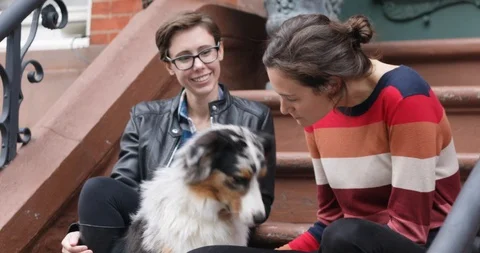 Attractive lesbian couple sitting on stoop steps in Brooklyn with their dog Stock Footage