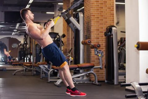Attractive Man Does Crossfit Push Ups With Trx Fitness Straps In The Gym's Stock Photos