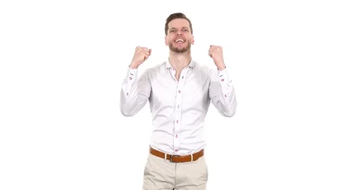 Attractive man gesturing and showing his happiness on white background Stock Footage 84063356