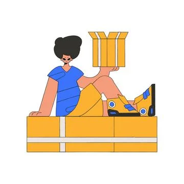 An attractive man is holding boxes. Understanding the process of parcel and.. Illustrazione stock