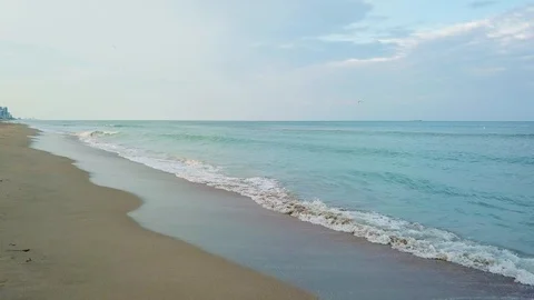 Attractive oceanscape with charming blue waves near clean sandy shore in sunny Stock Footage 101133348