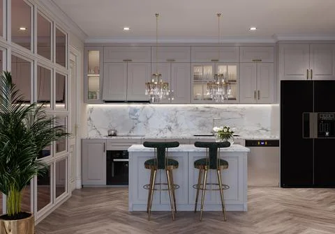 Attractive Open Kitchen with Black Stylish Chair, White Marble Background C.. Stock-Illustration