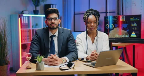 Attractive positive friendly high-skilled modern bearded businessman and his Stock Footage 166707448