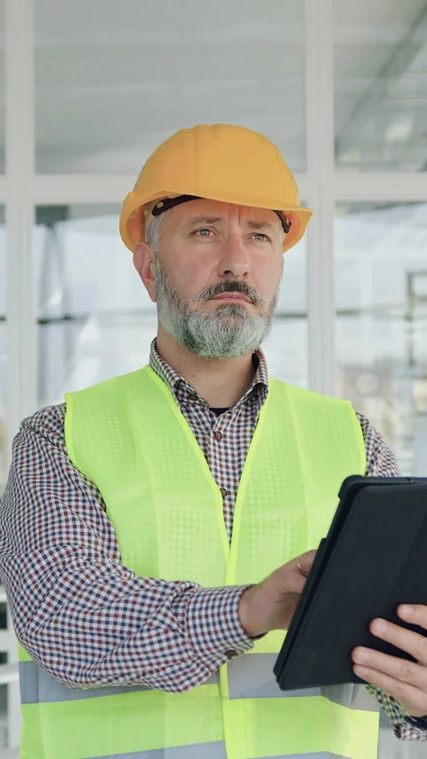 Attractive professional experienced serious bearded 50-aged engineer in safety h Stock Footage 327931366