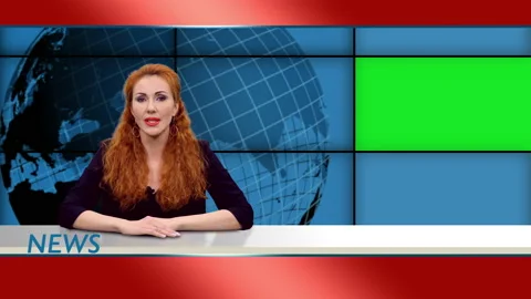 Attractive redhead news presenter in broadcasting studio with green screen Stock Footage