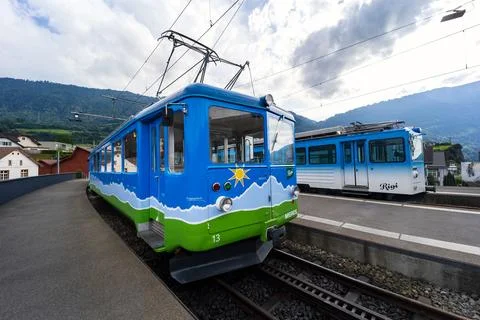 Attractive Rigi bahn electric cable tram Stock Photos