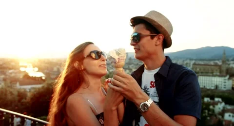 Attractive Romantic Couple Eating Gelato Ice Cream Italy Tourism Concept Stock Footage