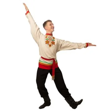 Attractive russian guy dancing in folk costume isolated on white Stock Photos