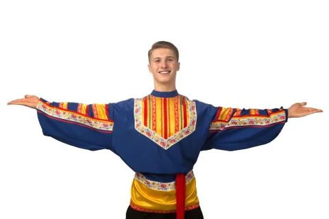 Attractive russian guy dancing in folk costume isolated on white Stock Photos