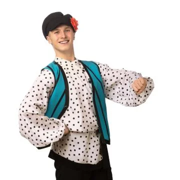 Attractive russian guy dancing in folk costume isolated on white Stock Photos