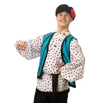 Attractive russian guy dancing in folk costume isolated on white Stock Photos