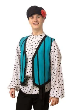 Attractive russian guy dancing in folk costume isolated on white Stock Photos