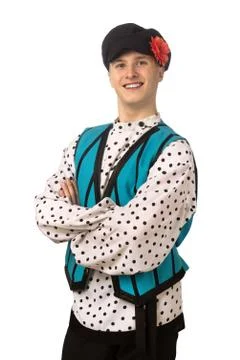 Attractive russian guy dancing in folk costume isolated on white Stock Photos