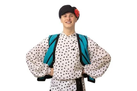 Attractive russian guy dancing in folk costume isolated on white Stock Photos