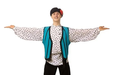 Attractive russian guy dancing in folk costume isolated on white Stock Photos