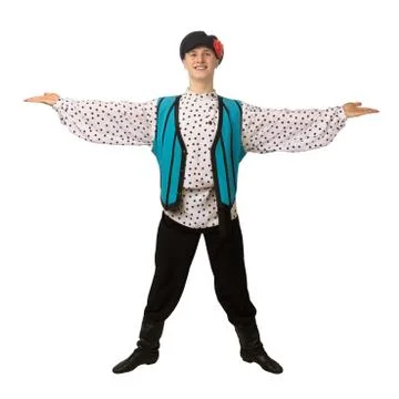 Attractive russian guy dancing in folk costume isolated on white Stock Photos