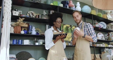 Attractive smiling experienced young mixed race sellers working together in Stock Footage 143966617