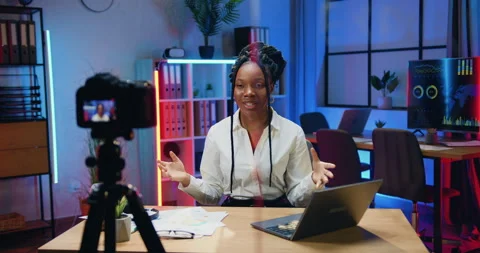 Attractive smiling satisifed skilled stylish african american female manager in Stock Footage 166575367