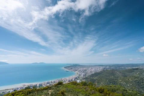 Attractive spring cityscape of Vlore city from Kanines fortress. Captivating Stock Photos