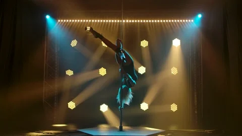 Attractive strip dancer performs tricks on a pole. Silhouette of a sexy blonde Stock Footage 137399174