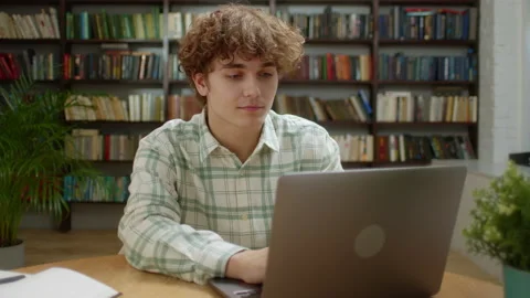 Attractive Student Man Using Laptop Search Information Internet Course Study Stock Footage 171149284