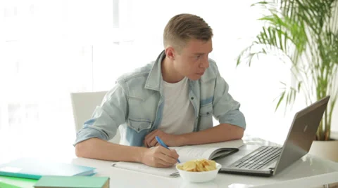 Attractive student sitting at table using laptop and eating chips Stock Footage 27692025