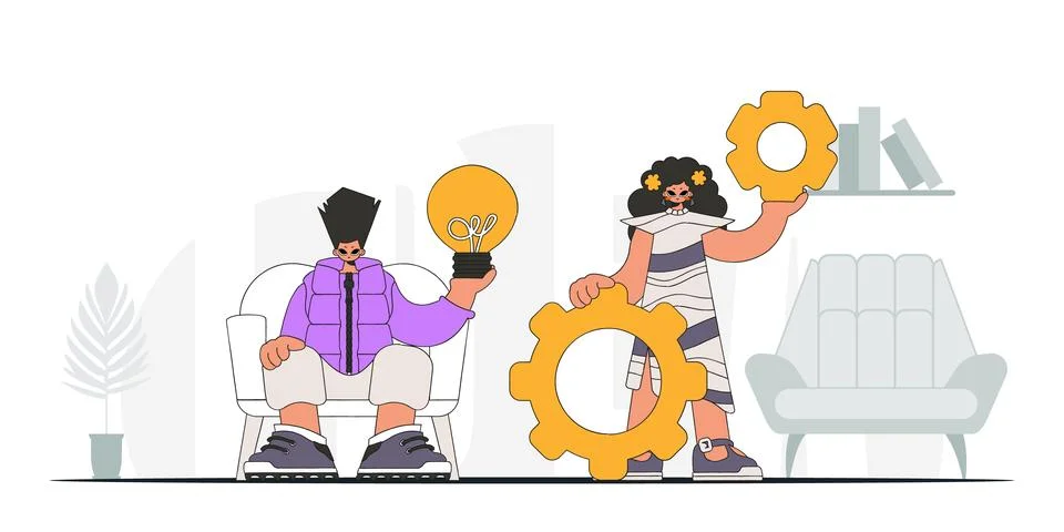 Attractive team solves problems and generates ideas. Light bulb and gears i.. Stock Illustration