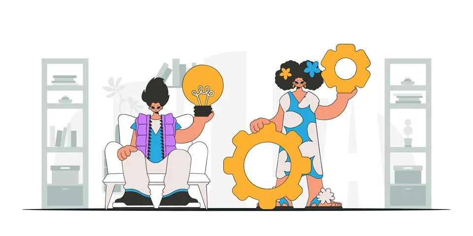 Attractive team solves problems and generates ideas. Light bulb and gears i.. Stock Illustration