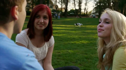 Attractive Teens Sitting And Talking At A Park Stock Footage